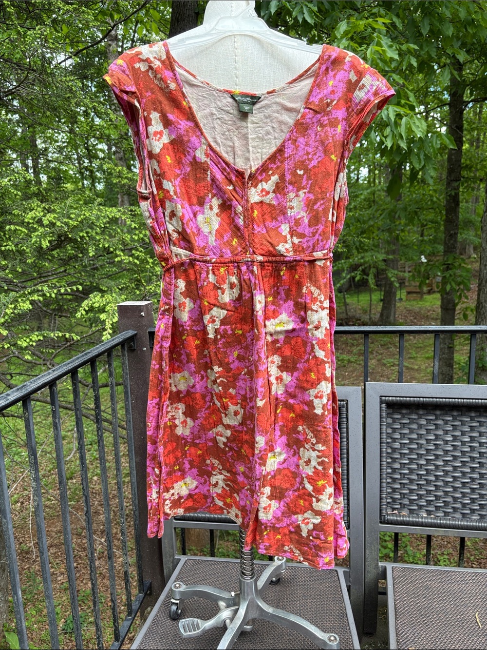 Eddie Bauer Floral V-Neck Dress cotton Red and Pink layered with tie belt sz 14